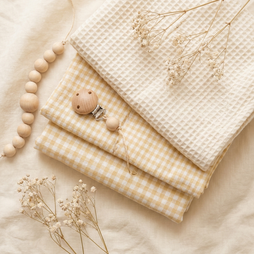 Tissus doux pastel et perles en bois – univers Naissance & cadeau, Nos Sauvageons